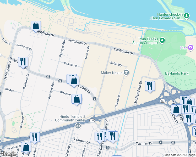 map of restaurants, bars, coffee shops, grocery stores, and more near 1275 Crossman Avenue in Sunnyvale