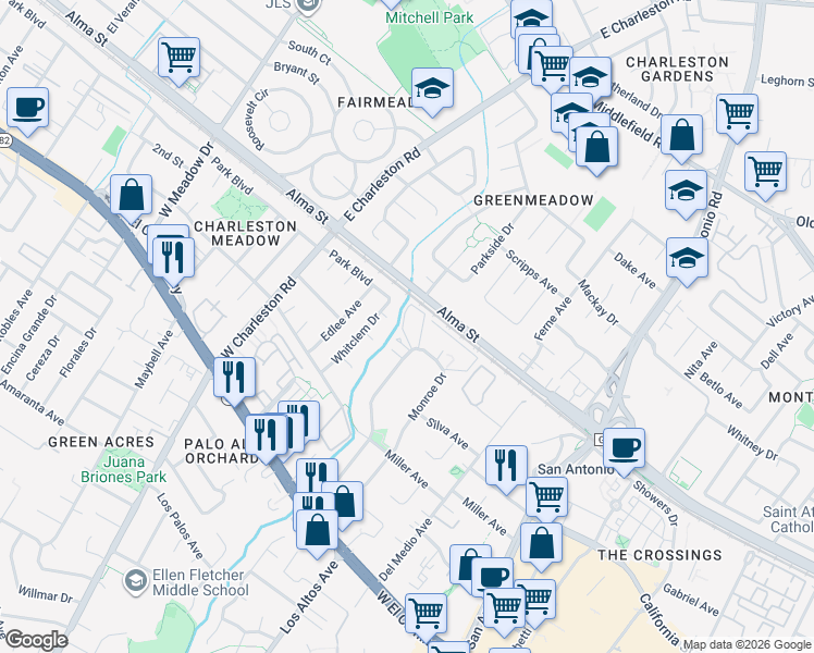 map of restaurants, bars, coffee shops, grocery stores, and more near 278 Monroe Drive in Mountain View