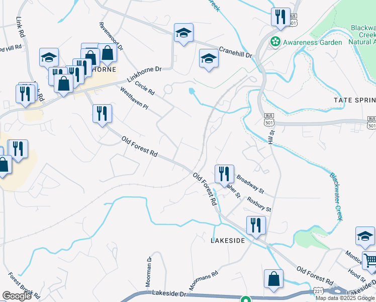 map of restaurants, bars, coffee shops, grocery stores, and more near 3204 Oak Hill Avenue in Lynchburg