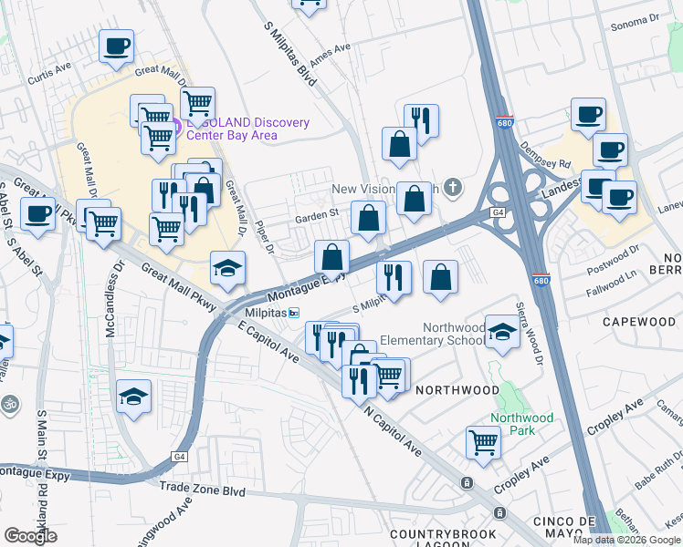 map of restaurants, bars, coffee shops, grocery stores, and more near 1401 Gladding Court in Milpitas