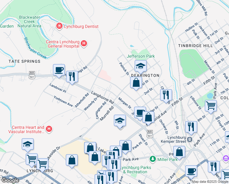 map of restaurants, bars, coffee shops, grocery stores, and more near 112 Morgan Street in Lynchburg