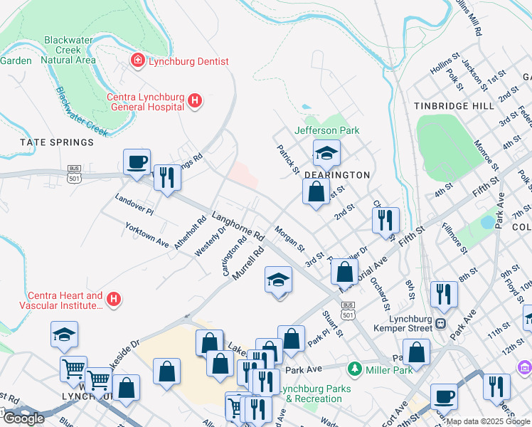 map of restaurants, bars, coffee shops, grocery stores, and more near 112 Morgan Street in Lynchburg