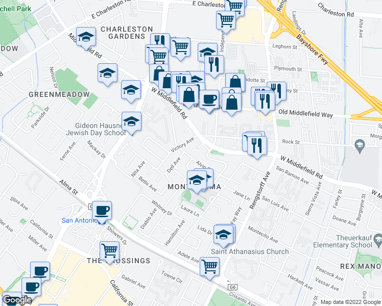 map of restaurants, bars, coffee shops, grocery stores, and more near 2466 Alvin Street in Mountain View