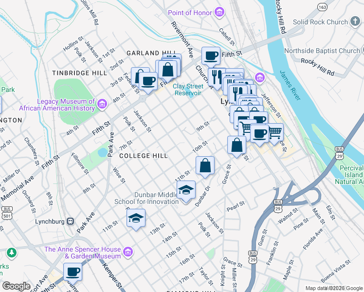 map of restaurants, bars, coffee shops, grocery stores, and more near 900 Federal Street in Lynchburg