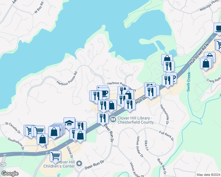 map of restaurants, bars, coffee shops, grocery stores, and more near 13644 Baycraft Terrace in Midlothian