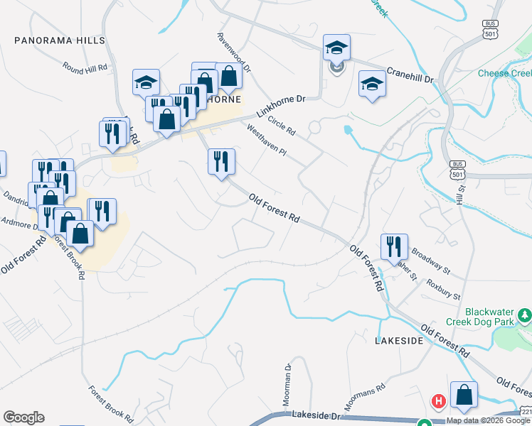 map of restaurants, bars, coffee shops, grocery stores, and more near 2511 Old Forest Road in Lynchburg