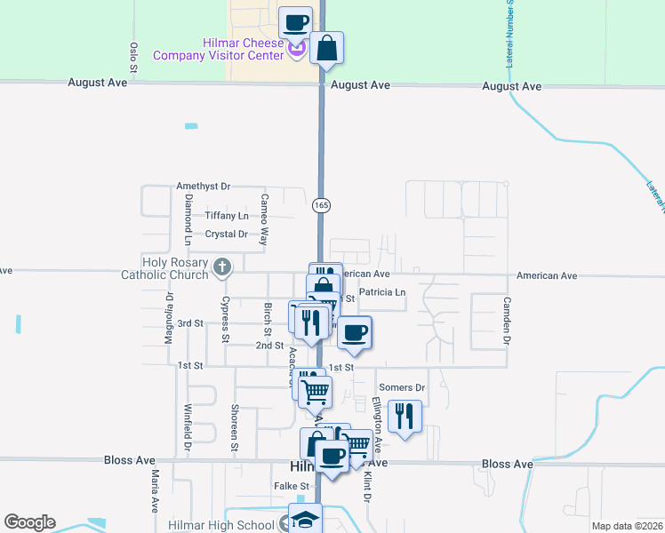map of restaurants, bars, coffee shops, grocery stores, and more near 19960 American Avenue in Hilmar