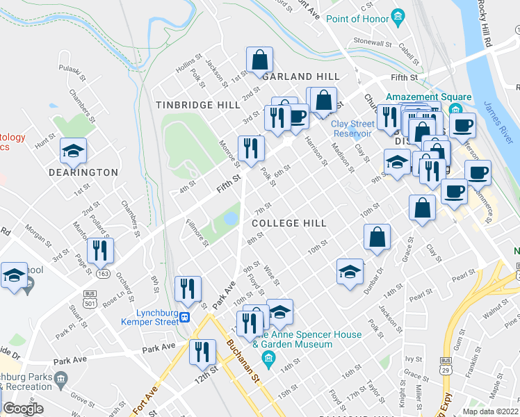 map of restaurants, bars, coffee shops, grocery stores, and more near 1107 7th Street in Lynchburg