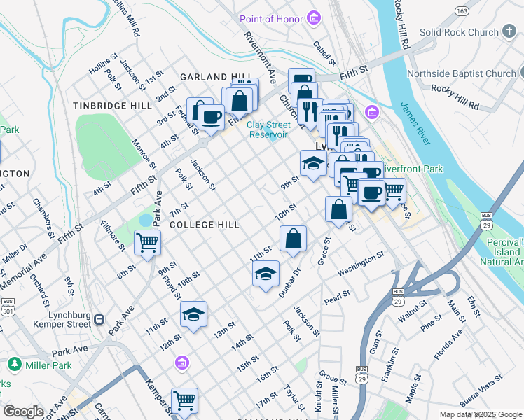 map of restaurants, bars, coffee shops, grocery stores, and more near 903 Federal Street in Lynchburg