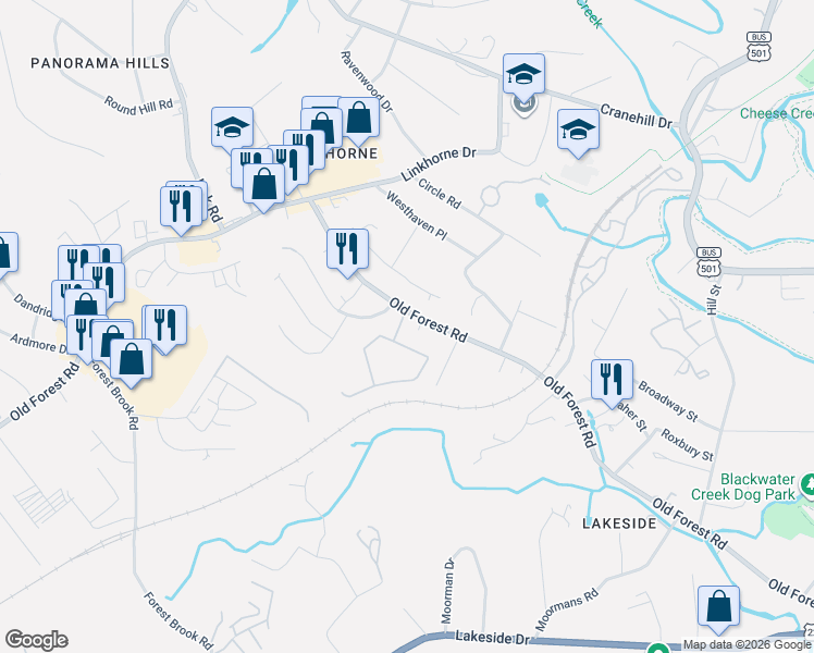map of restaurants, bars, coffee shops, grocery stores, and more near 109 Legacy Oaks Place in Lynchburg