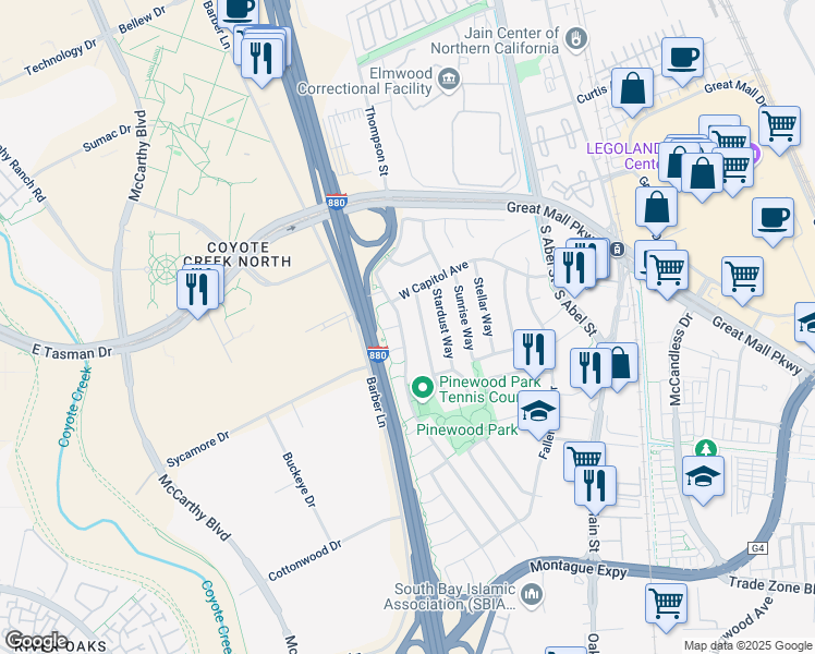 map of restaurants, bars, coffee shops, grocery stores, and more near 1221 Moonlight Way in Milpitas