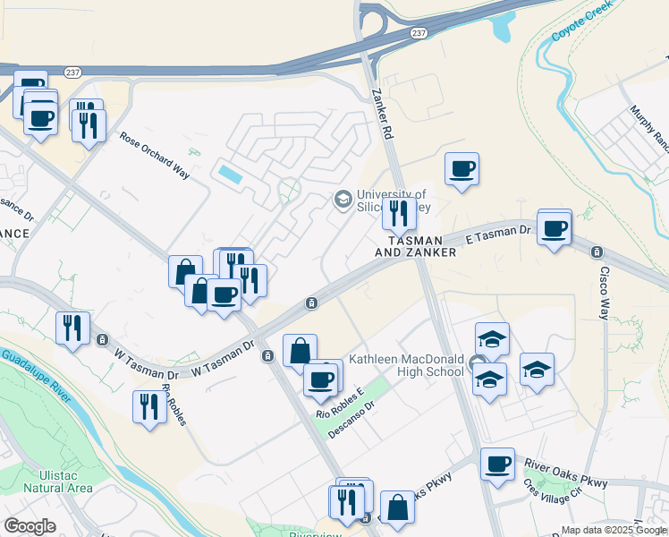 map of restaurants, bars, coffee shops, grocery stores, and more near 121 East Tasman Drive in San Jose