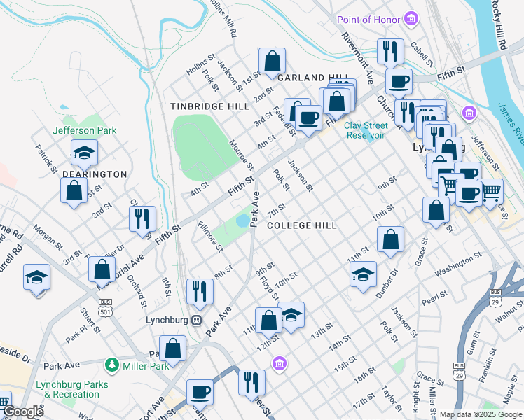 map of restaurants, bars, coffee shops, grocery stores, and more near 612 Taylor Street in Lynchburg