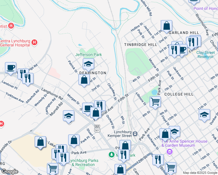 map of restaurants, bars, coffee shops, grocery stores, and more near 100 Chambers Street in Lynchburg