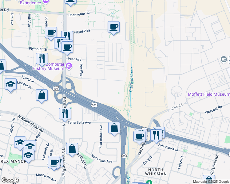 map of restaurants, bars, coffee shops, grocery stores, and more near 1065 La Avenida Street in Mountain View