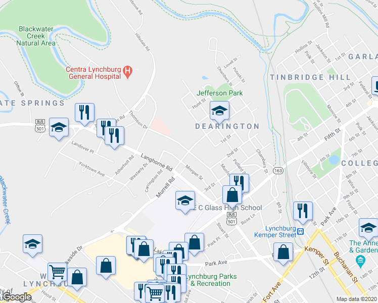 map of restaurants, bars, coffee shops, grocery stores, and more near Hillcrest Avenue in Lynchburg