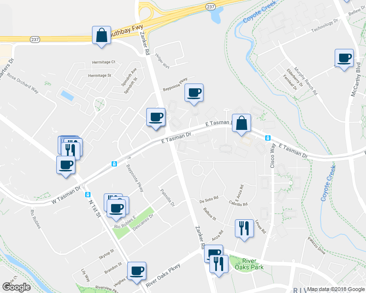 map of restaurants, bars, coffee shops, grocery stores, and more near 3750 Zanker Road in San Jose