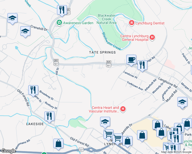 map of restaurants, bars, coffee shops, grocery stores, and more near 2121 Langhorne Road in Lynchburg