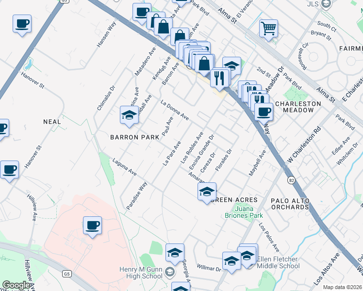 map of restaurants, bars, coffee shops, grocery stores, and more near 763 La Para Avenue in Palo Alto