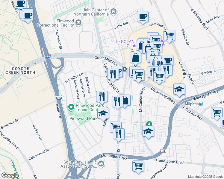 map of restaurants, bars, coffee shops, grocery stores, and more near 78 Woodland Court in Milpitas