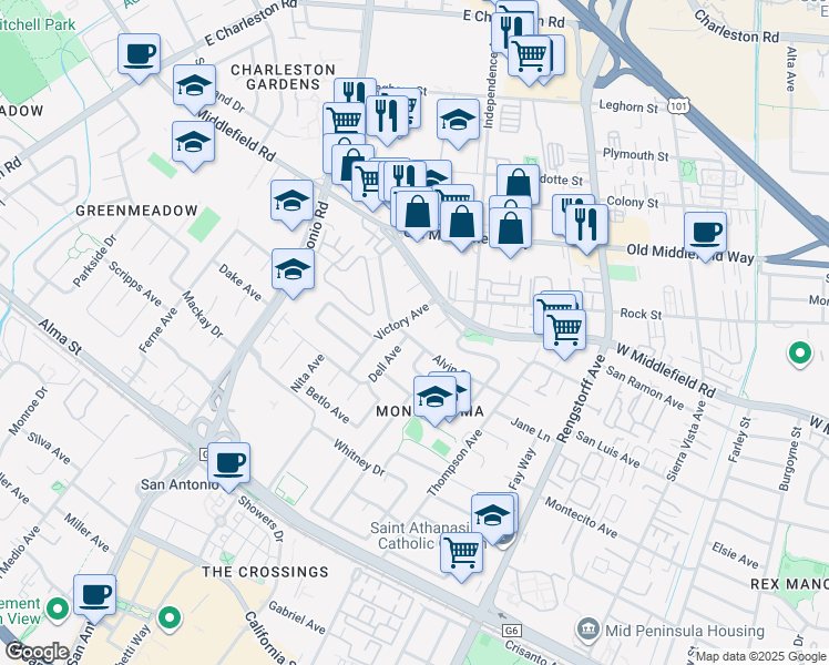 map of restaurants, bars, coffee shops, grocery stores, and more near 2474 Alvin Street in Mountain View