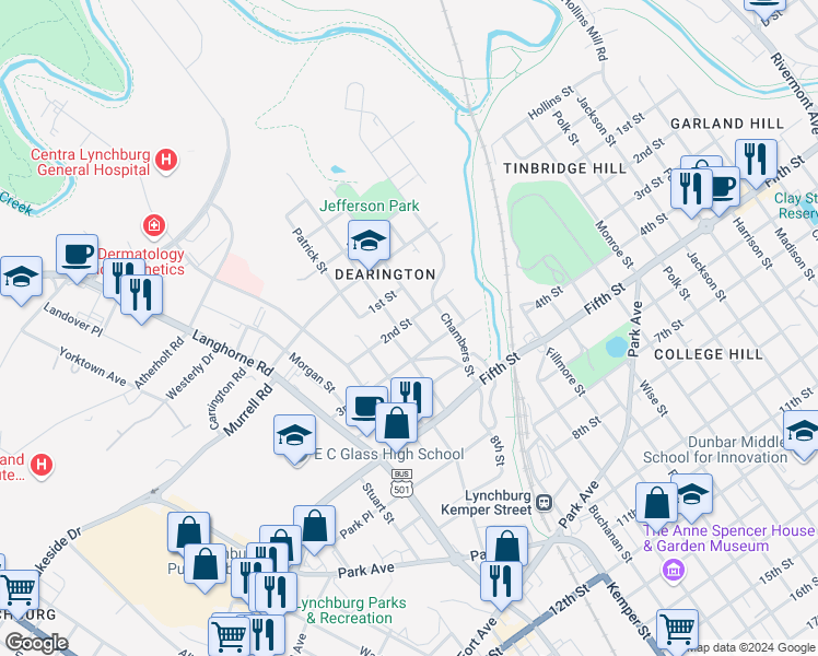 map of restaurants, bars, coffee shops, grocery stores, and more near 1704 2nd Street in Lynchburg