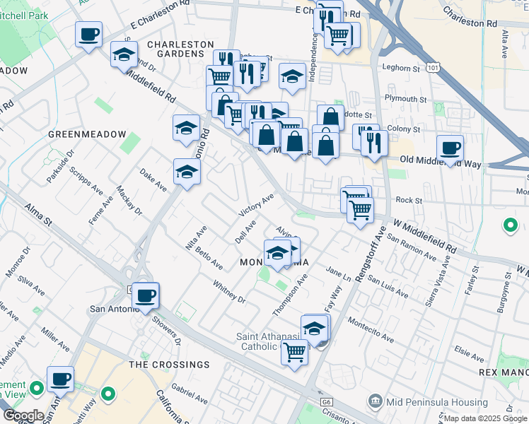 map of restaurants, bars, coffee shops, grocery stores, and more near 2474 Alvin Street in Mountain View