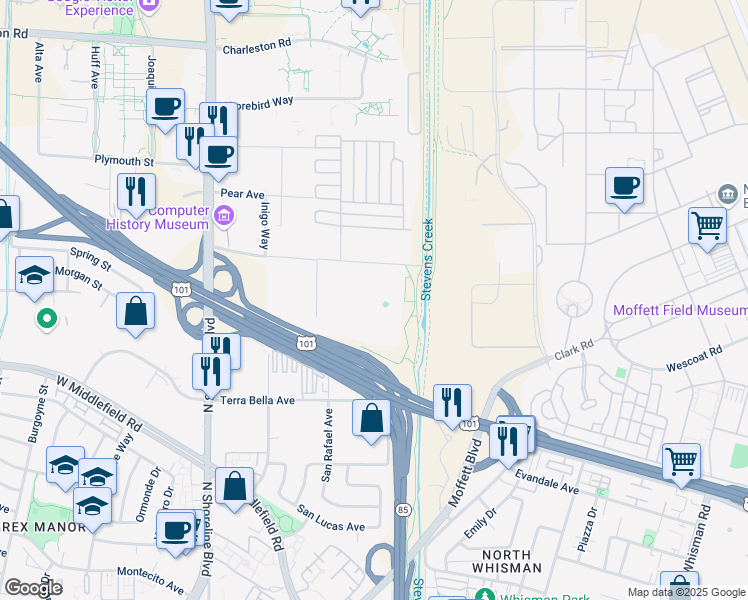 map of restaurants, bars, coffee shops, grocery stores, and more near 1055 La Avenida Street in Mountain View