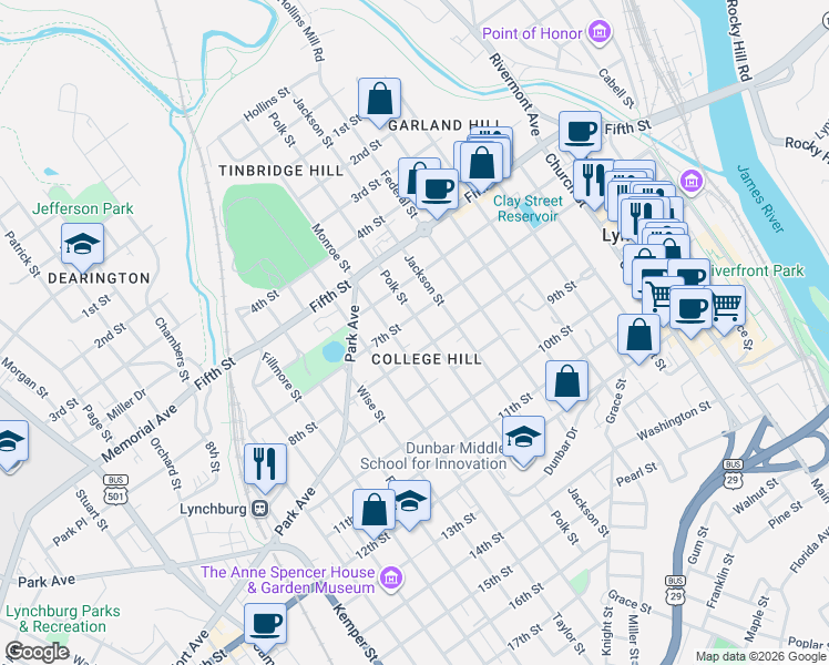 map of restaurants, bars, coffee shops, grocery stores, and more near in Lynchburg