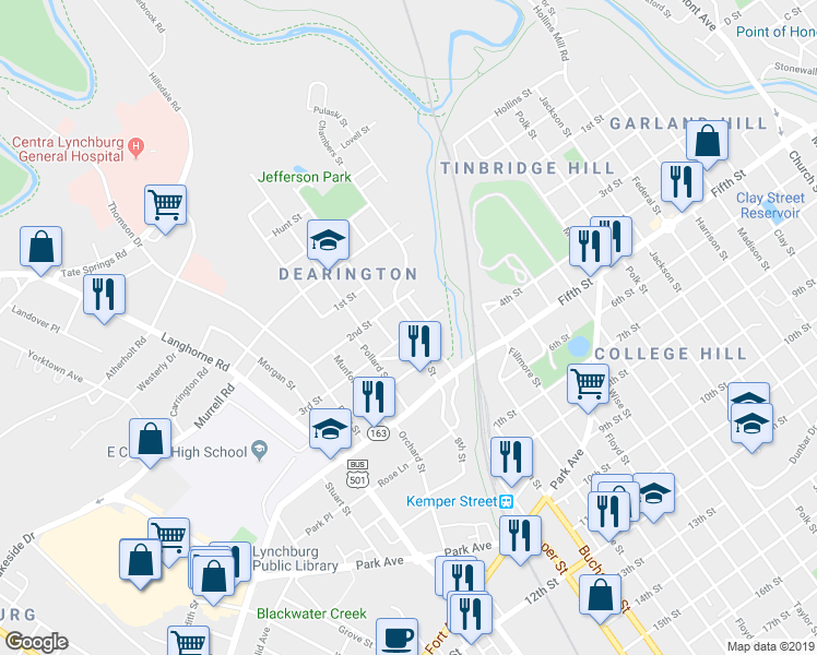 map of restaurants, bars, coffee shops, grocery stores, and more near 1605 3rd Street in Lynchburg