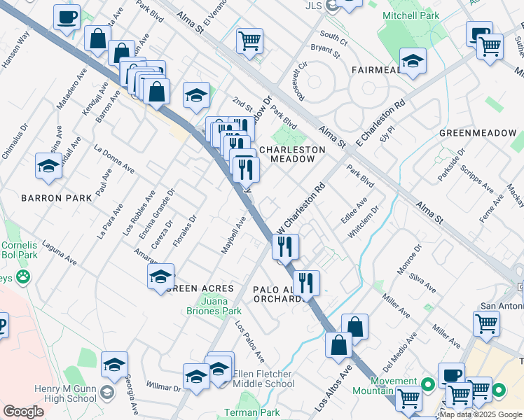 map of restaurants, bars, coffee shops, grocery stores, and more near 4173 El Camino Real in Palo Alto
