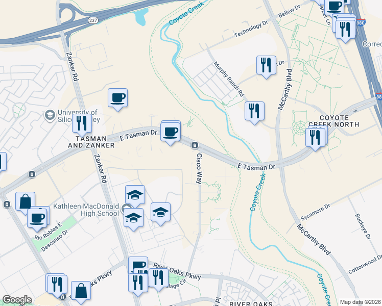 map of restaurants, bars, coffee shops, grocery stores, and more near 400 East Tasman Drive in San Jose