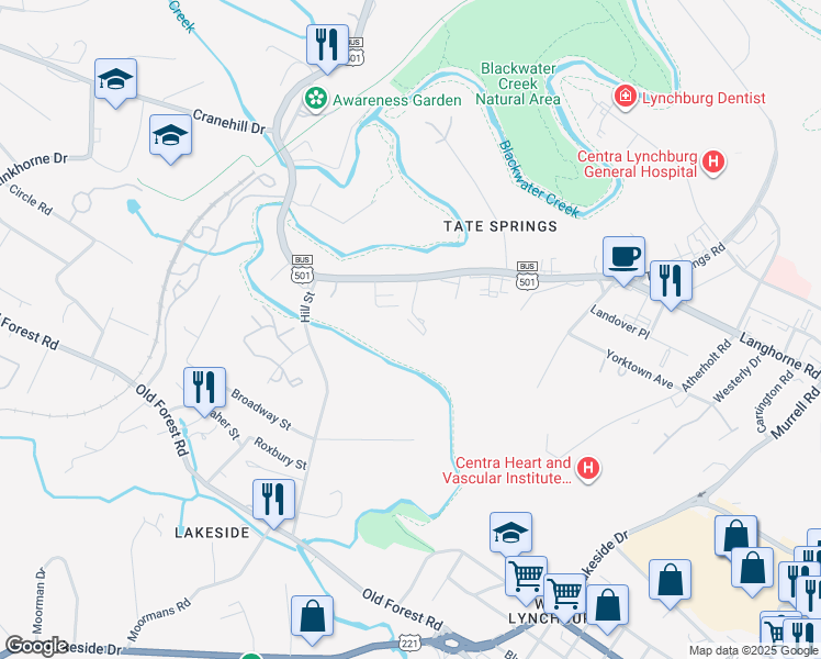 map of restaurants, bars, coffee shops, grocery stores, and more near 2075 Langhorne Road in Lynchburg