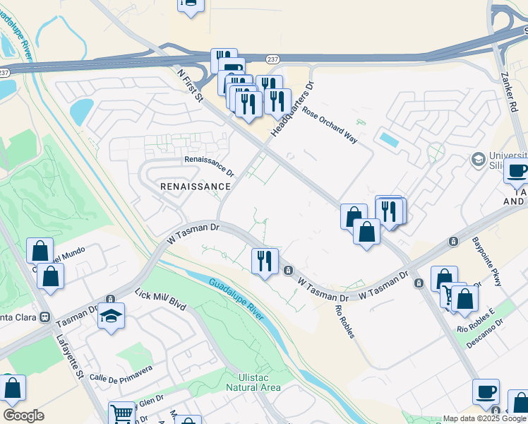 map of restaurants, bars, coffee shops, grocery stores, and more near 255 West Tasman Drive in San Jose