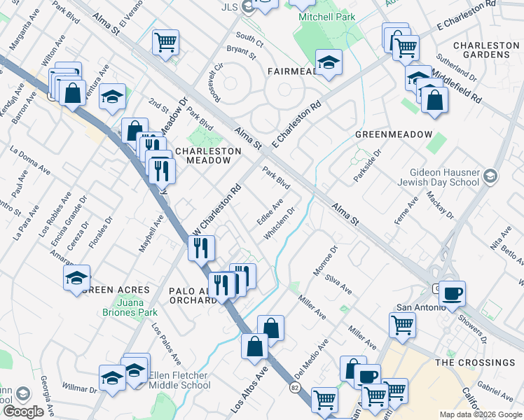 map of restaurants, bars, coffee shops, grocery stores, and more near 341 Duluth Circle in Palo Alto