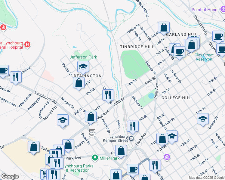 map of restaurants, bars, coffee shops, grocery stores, and more near 304 Heffernan Street in Lynchburg