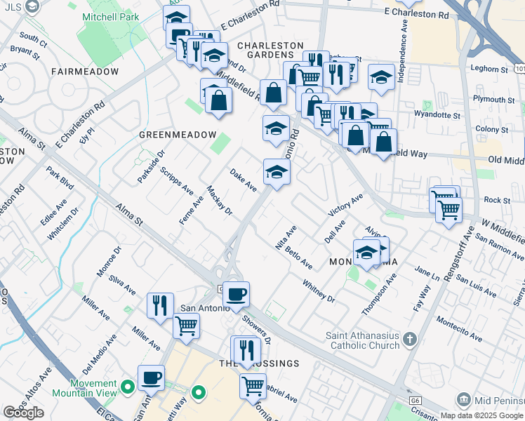 map of restaurants, bars, coffee shops, grocery stores, and more near 444 San Antonio Road in Palo Alto