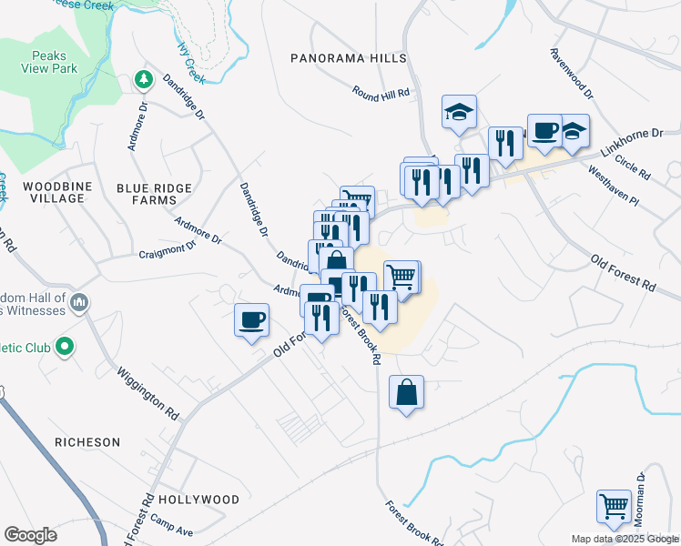 map of restaurants, bars, coffee shops, grocery stores, and more near 1000 Dandridge Drive in Lynchburg
