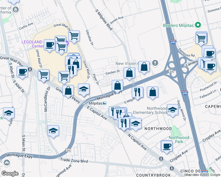 map of restaurants, bars, coffee shops, grocery stores, and more near 700 Montague Expressway in Milpitas