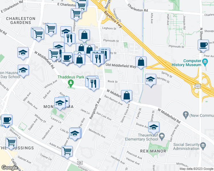map of restaurants, bars, coffee shops, grocery stores, and more near 2035 West Middlefield Road in Mountain View