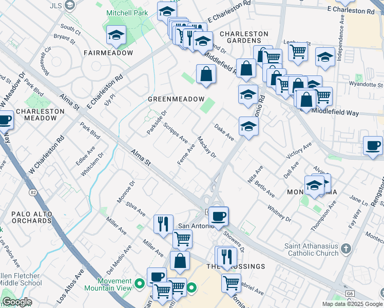 map of restaurants, bars, coffee shops, grocery stores, and more near 4147 Briarwood Way in Palo Alto