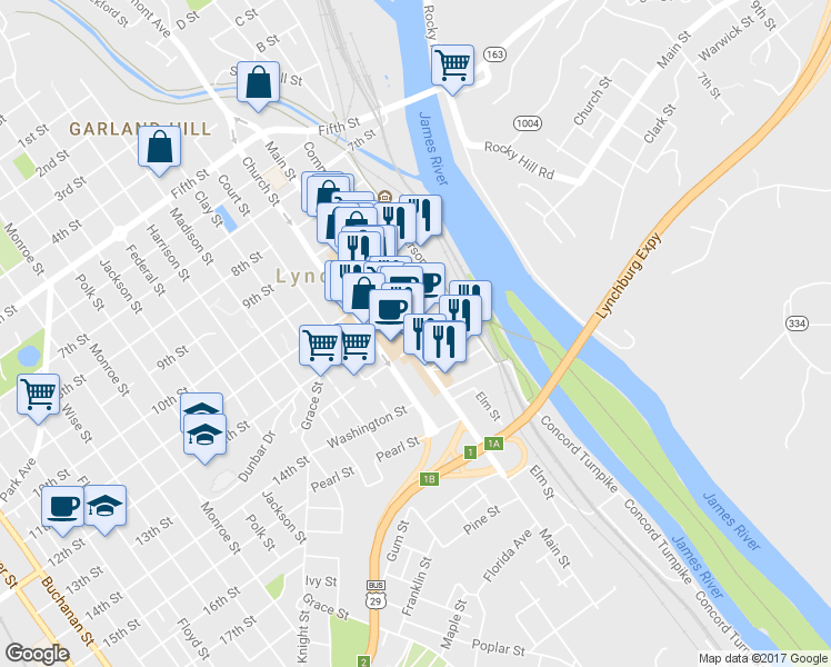 map of restaurants, bars, coffee shops, grocery stores, and more near 1225 Main Street in Lynchburg