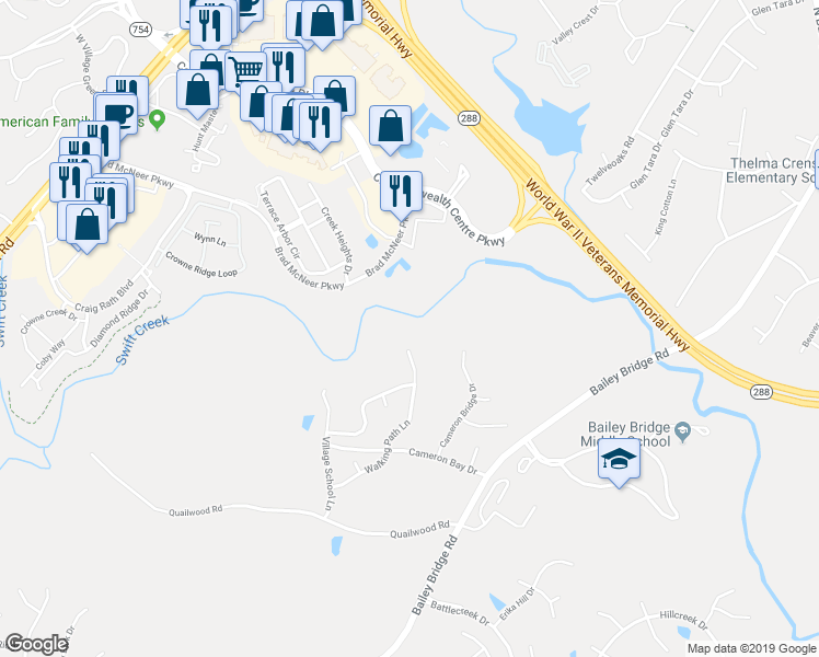 map of restaurants, bars, coffee shops, grocery stores, and more near 5901 Walking Path Lane in Midlothian