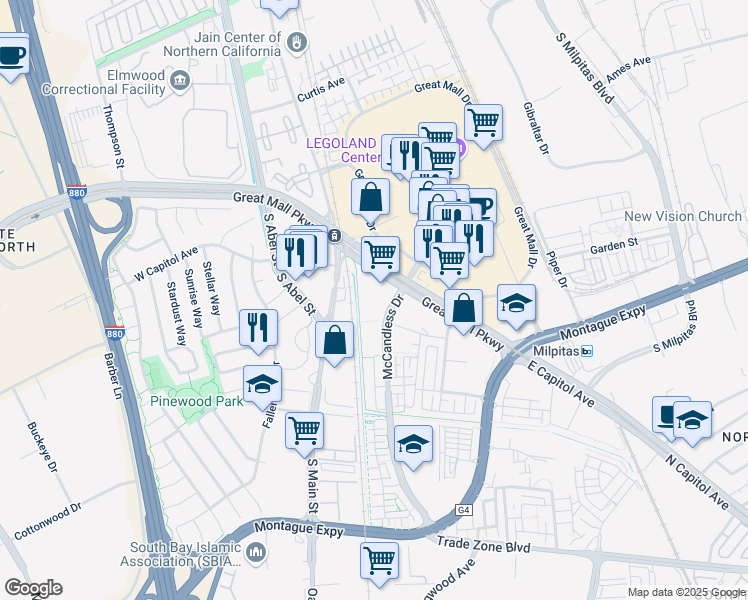 map of restaurants, bars, coffee shops, grocery stores, and more near 1365 McCandless Drive in Milpitas