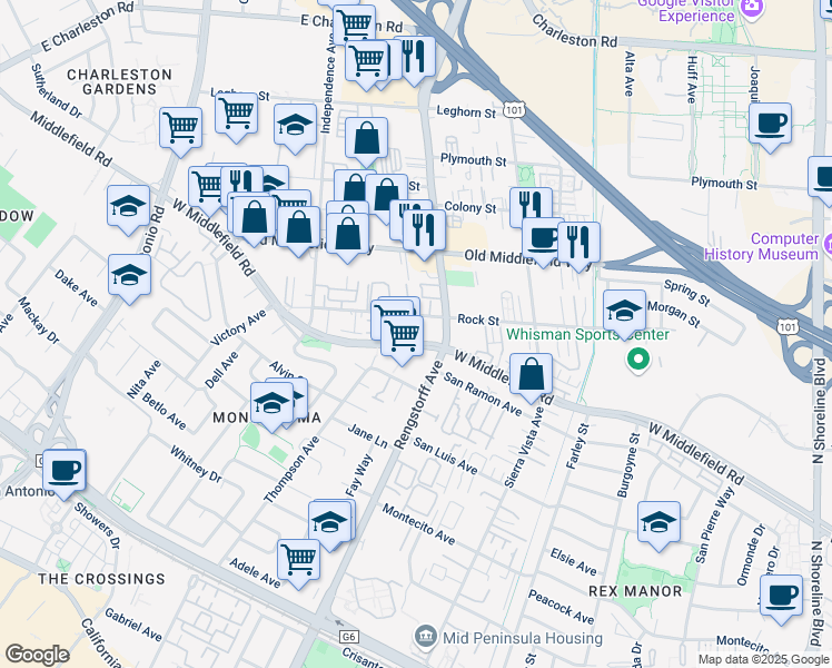 map of restaurants, bars, coffee shops, grocery stores, and more near 2120 West Middlefield Road in Mountain View