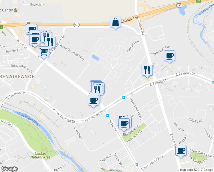 map of restaurants, bars, coffee shops, grocery stores, and more near 246 El Bosque Drive in San Jose