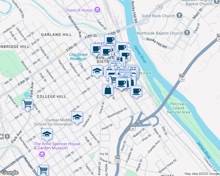 map of restaurants, bars, coffee shops, grocery stores, and more near 901 Court Street in Lynchburg