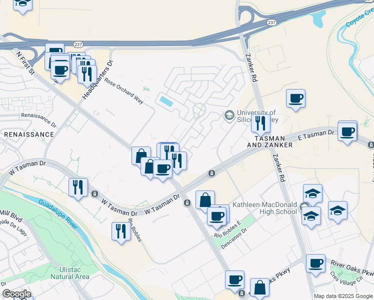 map of restaurants, bars, coffee shops, grocery stores, and more near 246 El Bosque Drive in San Jose
