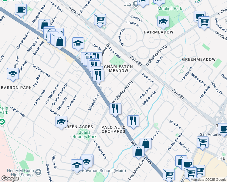 map of restaurants, bars, coffee shops, grocery stores, and more near 488 West Charleston Road in Palo Alto