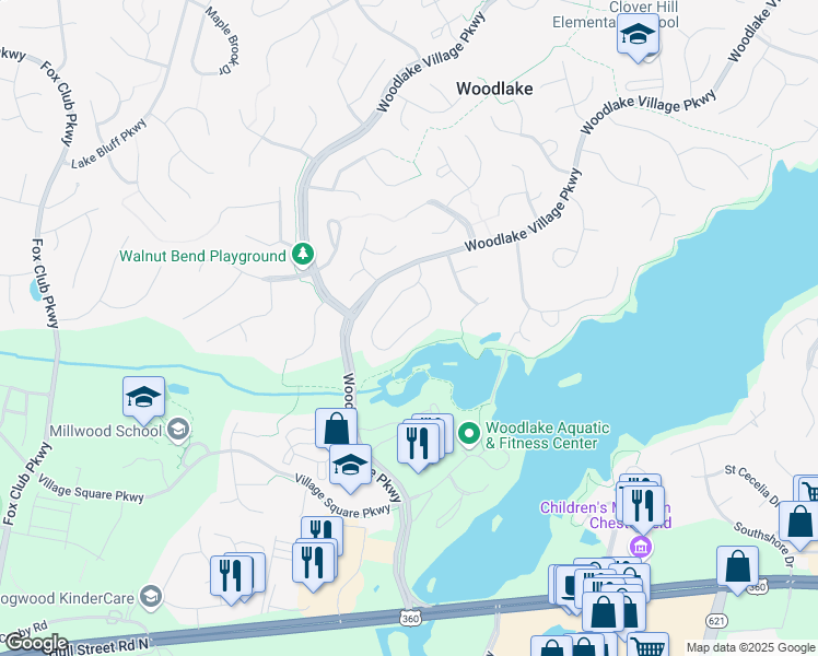 map of restaurants, bars, coffee shops, grocery stores, and more near 6316 Willow Glen Road in Midlothian